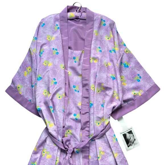 90s NWT Contessa Di Roma Lilac Floral Print Midi Slip Dress Robe Set 2X Plus - Picture 2 of 4
